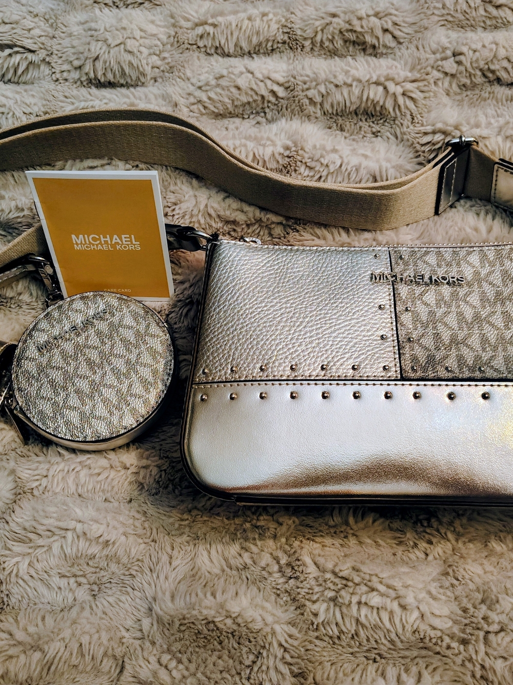 Michael Kors Silver Patchwork Crossbody with Coin Pouch And Lip Stick Case-NEW